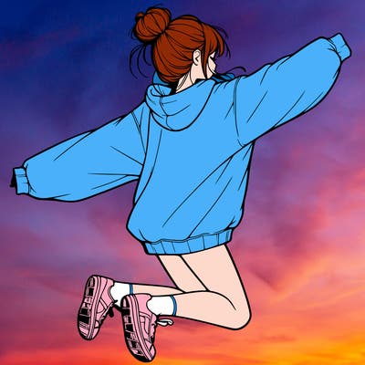 realistic girl jumping with a bun and oversized sweatshirt
