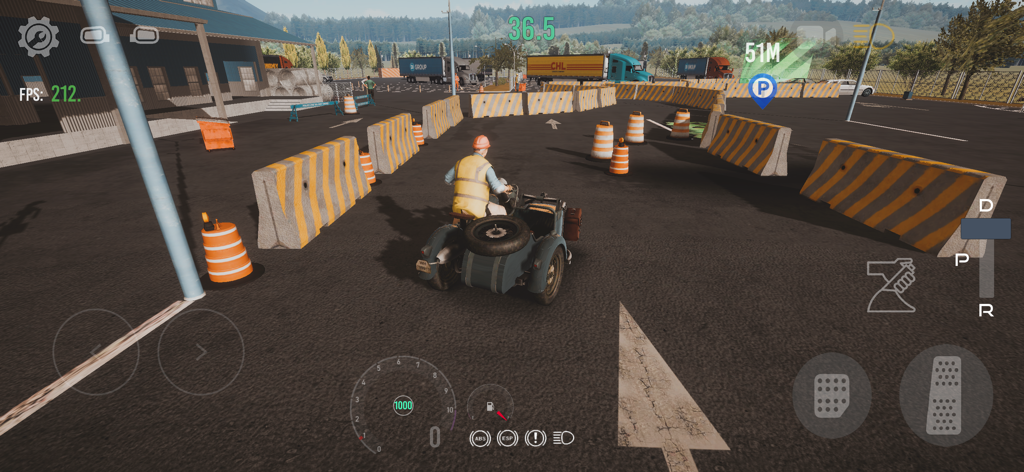 Nextgen: Truck Simulator - Un jugador conduciendo una motocicleta con sidecar a través de un curso de entrenamiento en Nextgen Truck Simulator.