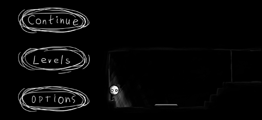 That Level Again - Main menu of the game That Level Again featuring hand drawn buttons and a small character in a minimalist dark environment.