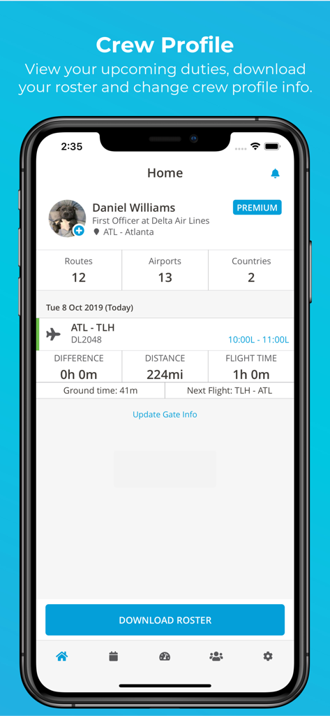RosterBuster Crew App - Screenshot of the RosterBuster app showing a pilot profile with upcoming flight duties and roster statistics