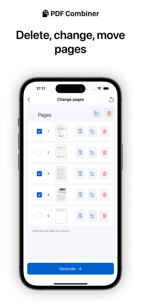 PDF Merger | Merge & Split It - Pantalla de iPhone que muestra herramientas de gestión de páginas PDF, incluidas funciones para eliminar, rotar y reordenar.