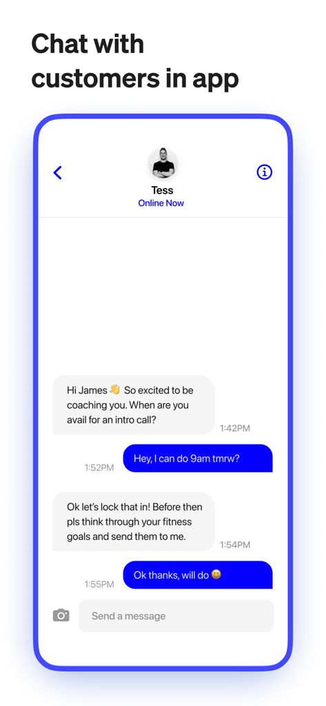 Newie - Newie app interface showing a chat between a service provider and a customer to schedule a coaching session.