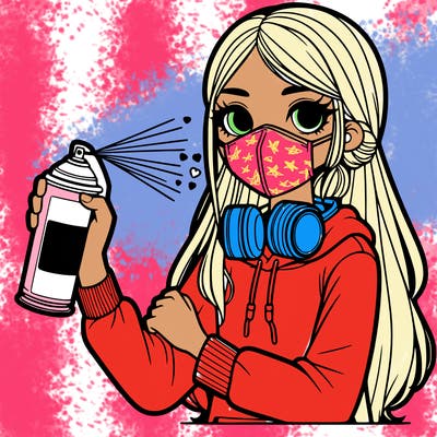 a girl wearing a mask, holding a can of spray paint with spray paint on her clothes and long hair