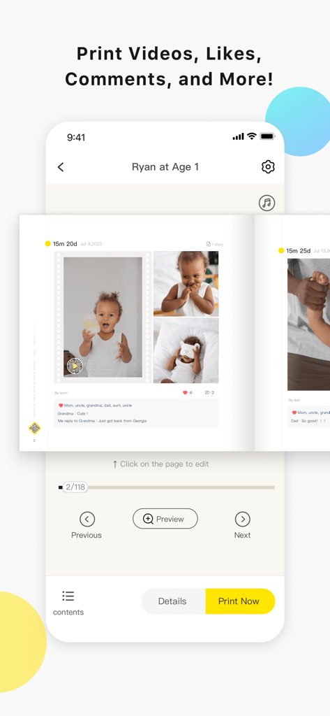 TimeHut - Baby Album - Interface de l'application TimeHut affichant un aperçu d'un livre photo personnalisé pour bébé, avec photos et commentaires de la famille, prêt à être imprimé.