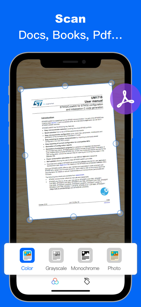 Eine mobile Benutzeroberfläche, die die Scanfunktion von Translator Go beim Erfassen eines gedruckten Benutzerhandbuchdokuments zeigt.