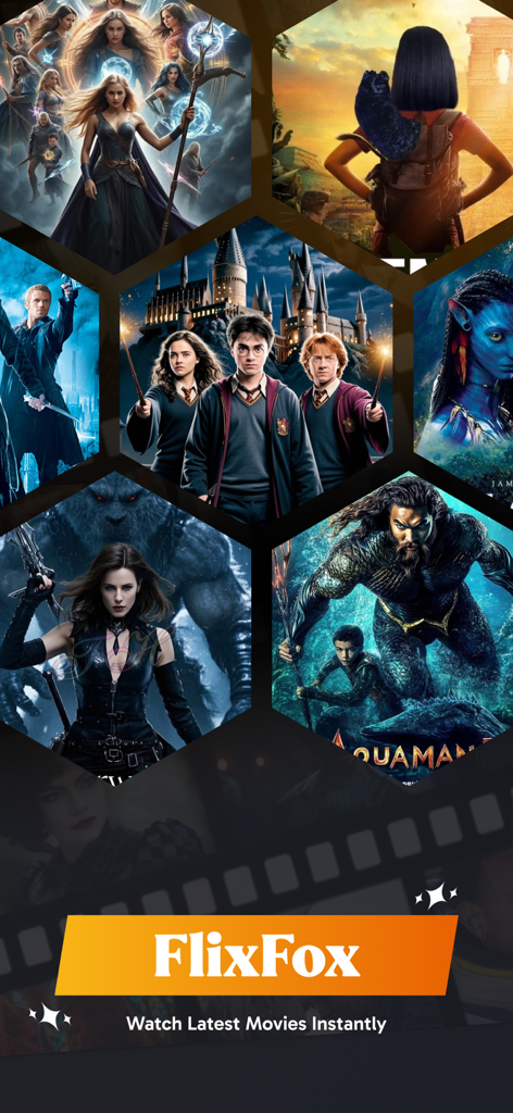 FlixFox: Latest Movies &Series - FlixFox app splash screen featuring trending movie posters in a hexagonal grid layout.