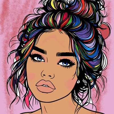 realistic girl with lips and hair in a messy bun