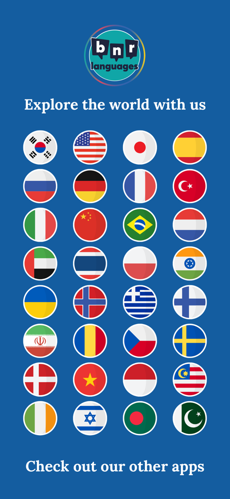 Learn Malay (Beginners) - Ein Raster von Weltflaggen, die verschiedene Sprachlern-Apps von BNR Languages darstellen