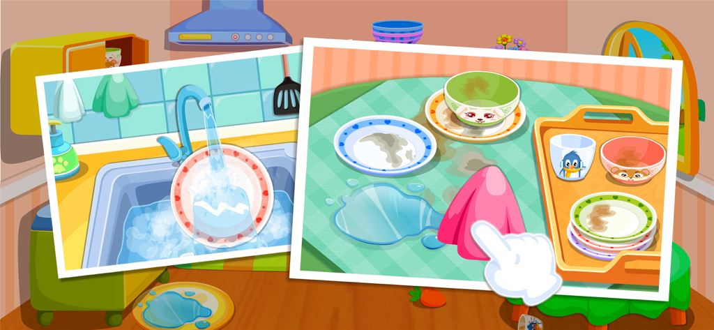 Get Organized-BabyBus - Una escena de cocina de dibujos animados donde los niños aprenden a lavar platos y limpiar derrames en una mesa.