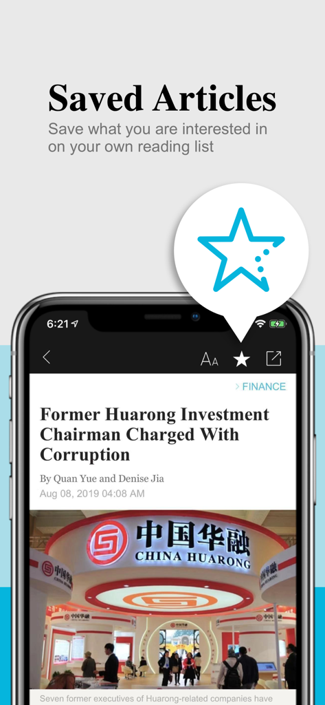 Caixin Global - Caixin Global app interface showing the saved articles feature on a smartphone screen