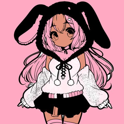 pretty anime girl wearing a fluffy hoodie with bunny ears on the hood and a skirt