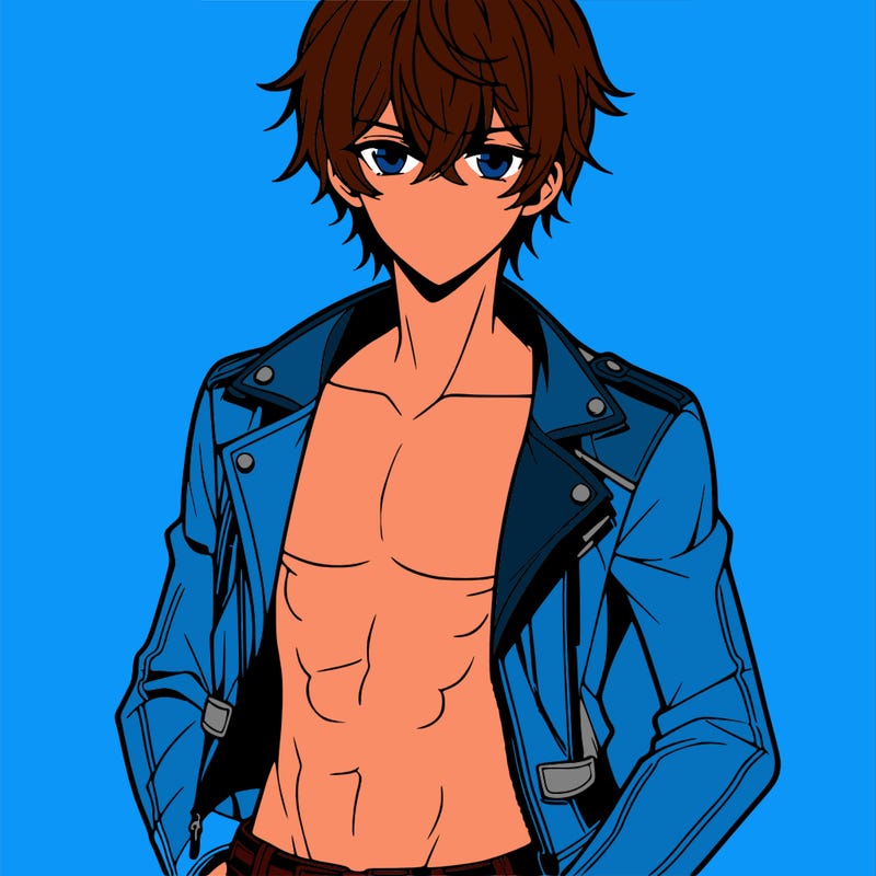 hot anime boy shirtless in leather jacket and leather pants
