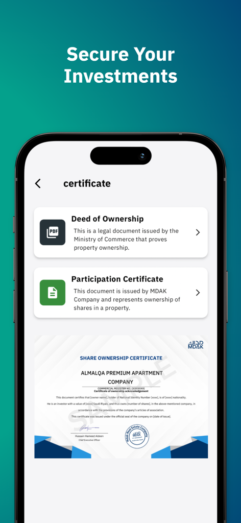 Madak : Fractional Ownership - Digital property deed and share ownership certificates displayed within the Madak mobile investment app.