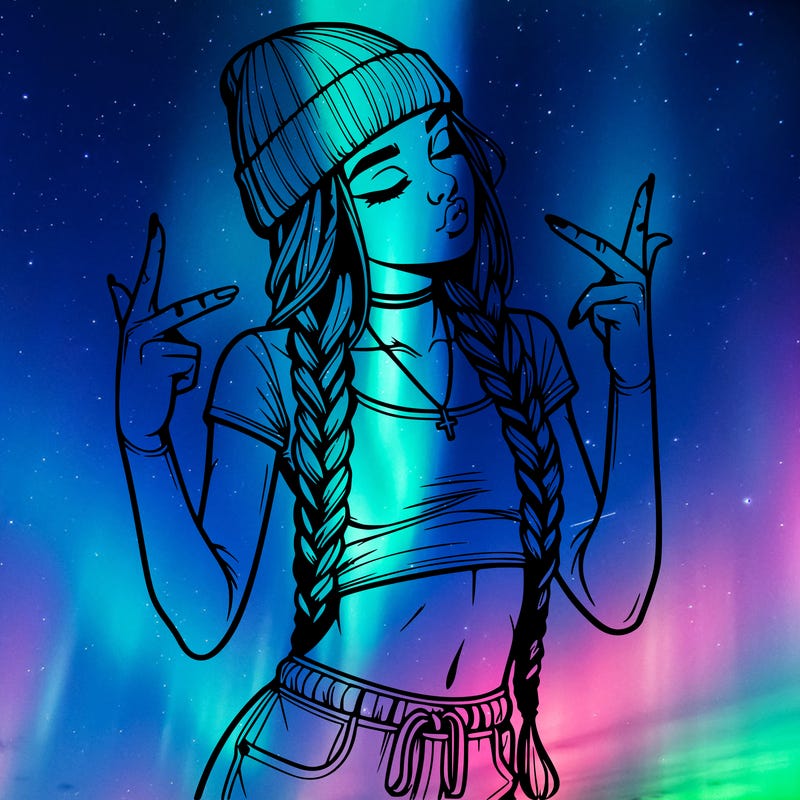 realistic teenage girl with braids and a beanie and crop top doing 🫶🏼