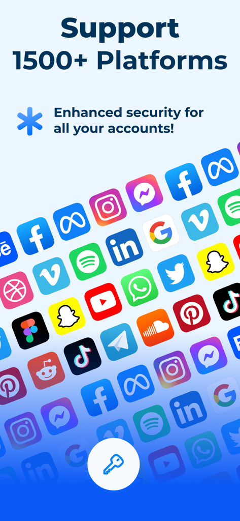 Uma lista de mais de 1500 plataformas suportadas para autenticação segura de dois fatores, incluindo redes sociais e aplicativos de produtividade