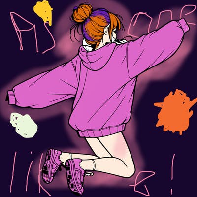 realistic girl jumping with a bun and oversized sweatshirt