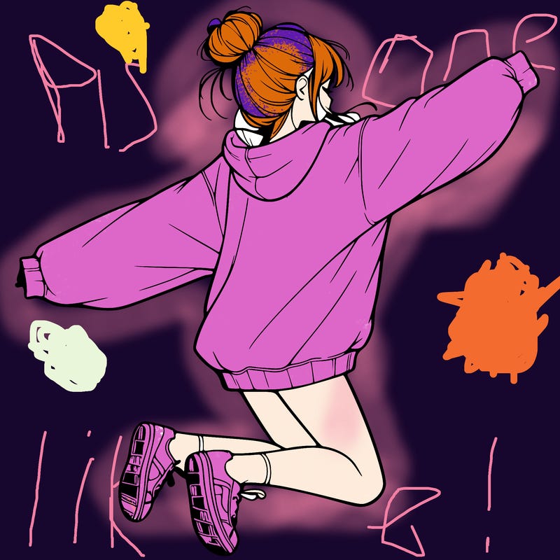 realistic girl jumping with a bun and oversized sweatshirt