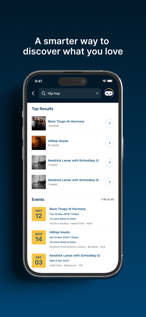 Ticketek AU app search screen showing hip hop concert results and event dates
