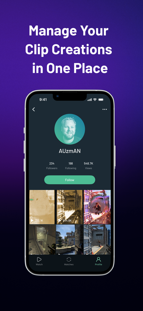 User profile interface on Allstar.gg showcasing gaming clips and follower stats