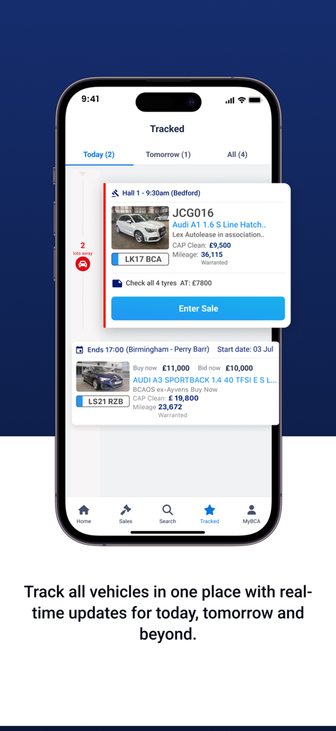 BCA Buyer - BCA Buyer app screen showing a list of tracked vehicles for upcoming automotive auctions