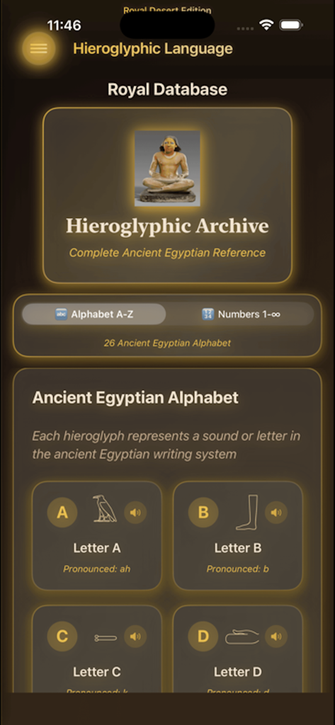 Egyptian-Hieroglyph-AI-Scanner - A mobile app screen showing the Ancient Egyptian alphabet reference with symbols and pronunciations for letters A through D.