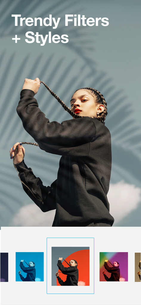 A woman in a black sweater demonstrating various trendy filters and video styles in the Vimeo Create app.