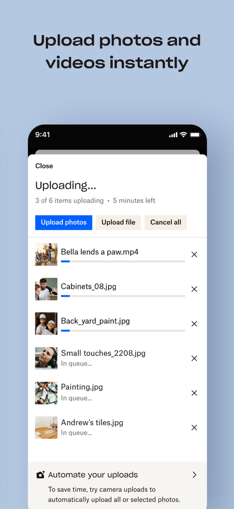 Dropbox mobile app interface displaying the progress of uploading photos and videos to cloud storage.