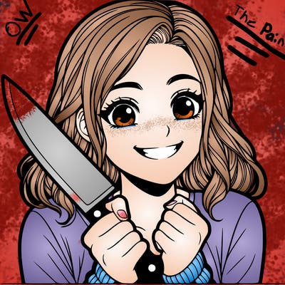a realistic girl holding a knife and grinning