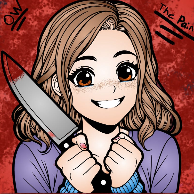 a realistic girl holding a knife and grinning