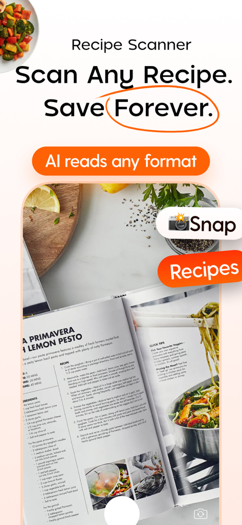 WhatToCook- AI Meal Planner - A smartphone using the WhatToCook app to scan and digitize a recipe from a physical cookbook.