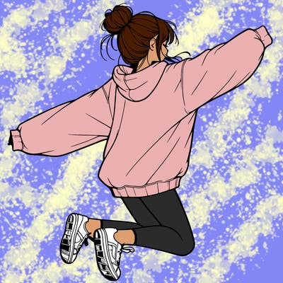 realistic girl jumping with a bun and oversized sweatshirt