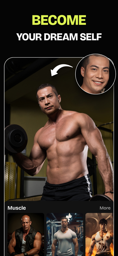 FaceSwap Studio: Video + Photo - A face swap app demonstration showing a user face being applied to a muscular bodybuilder template in a gym