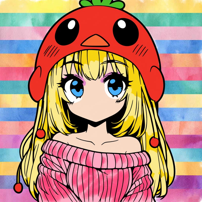 anime girl with chick shaped hat with sweater with bare shoulders with bangs covering them one eye with low tail