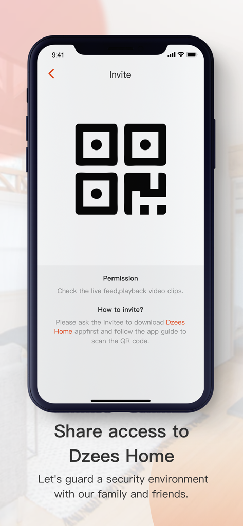 Écran de l'application Dzees Home montrant un code QR pour inviter la famille et les amis à partager l'accès aux caméras de sécurité.