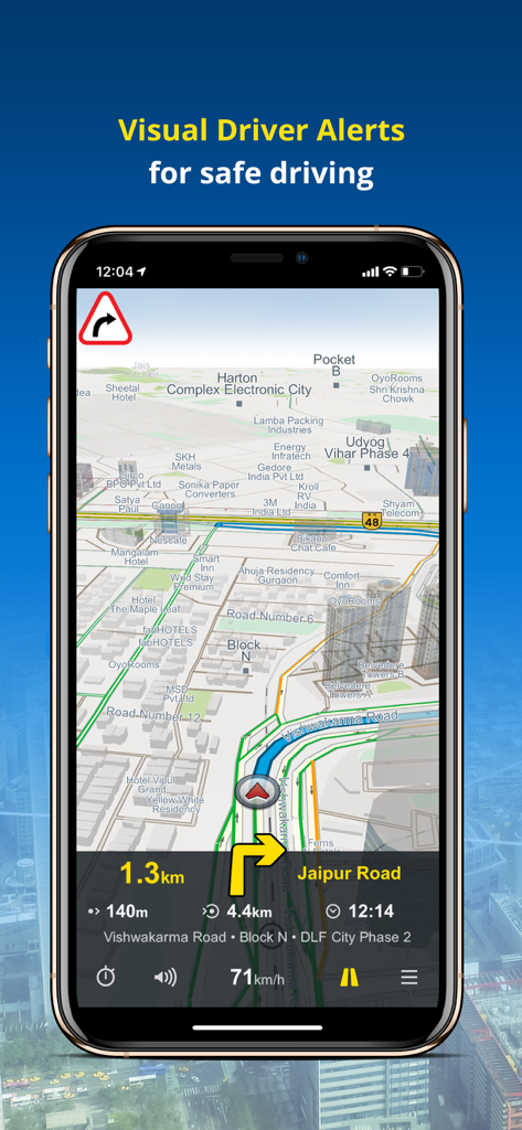 NaviMaps: 3D GPS Navigation - NaviMaps 3D navigation interface displaying visual driver alerts and detailed map of India