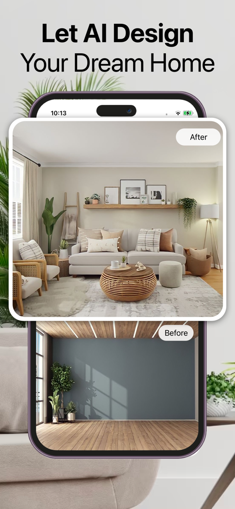 Interior AI Room Design Home - Before and after comparison of a room redesigned with AI showing a modern living room layout