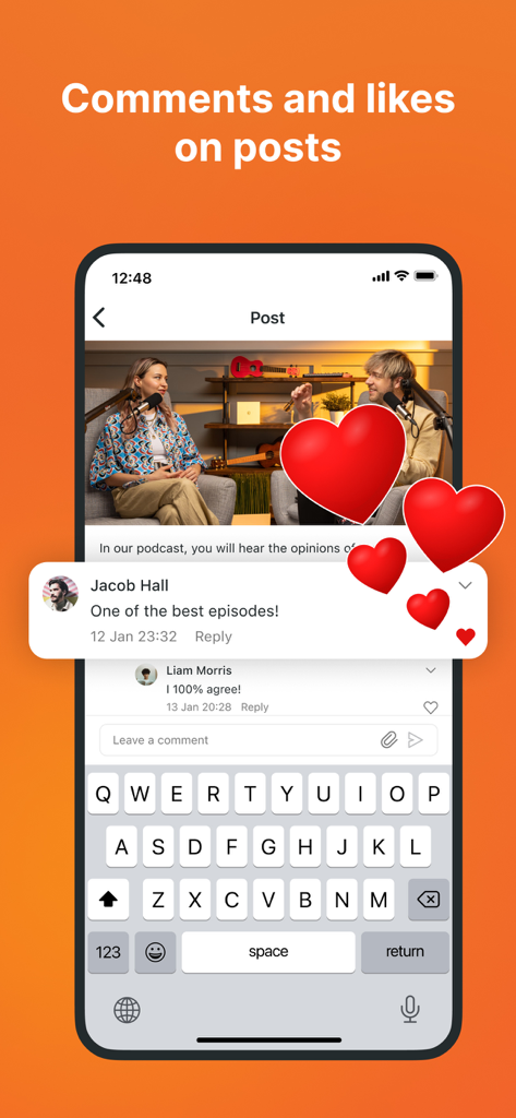 Boosty: Content just for fans - Interfaz móvil de la aplicación Boosty mostrando comentarios y me gusta de fans en una publicación de un creador