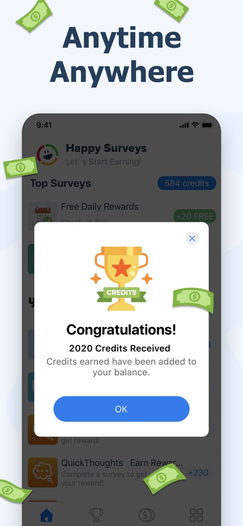 Happy Surveys – Easy Cash App - Happy Surveys app interface displaying a congratulations message for earning credit rewards.