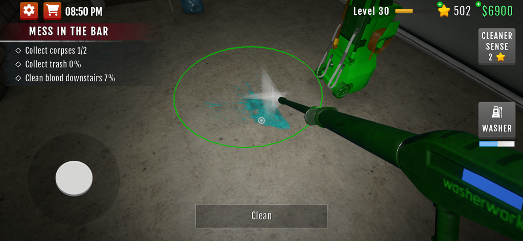 Crime Scene Cleaner: Mobile 3D - First person gameplay of cleaning a stain with a power washer in Crime Scene Cleaner Mobile 3D