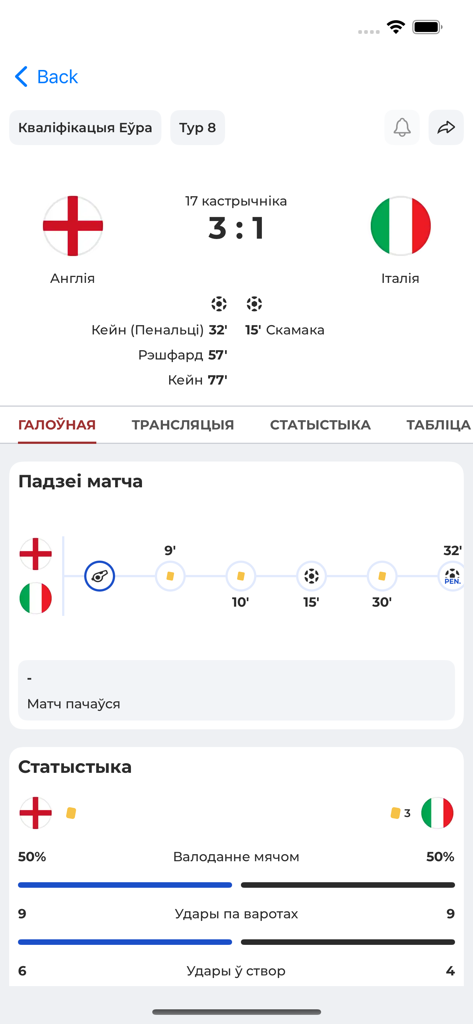 Pontuação de partida de futebol e estatísticas detalhadas para Inglaterra vs Itália no aplicativo esportivo Tribuna