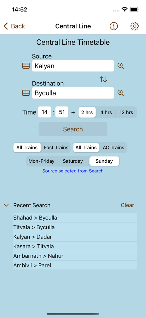 Mumbai Local Train Timetable - Mumbai local train app interface showing the central line timetable search screen with source and destination station inputs
