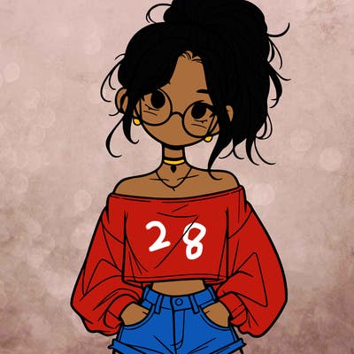 girl with a messy ponytail glasses a baggy crop top and jean shorts