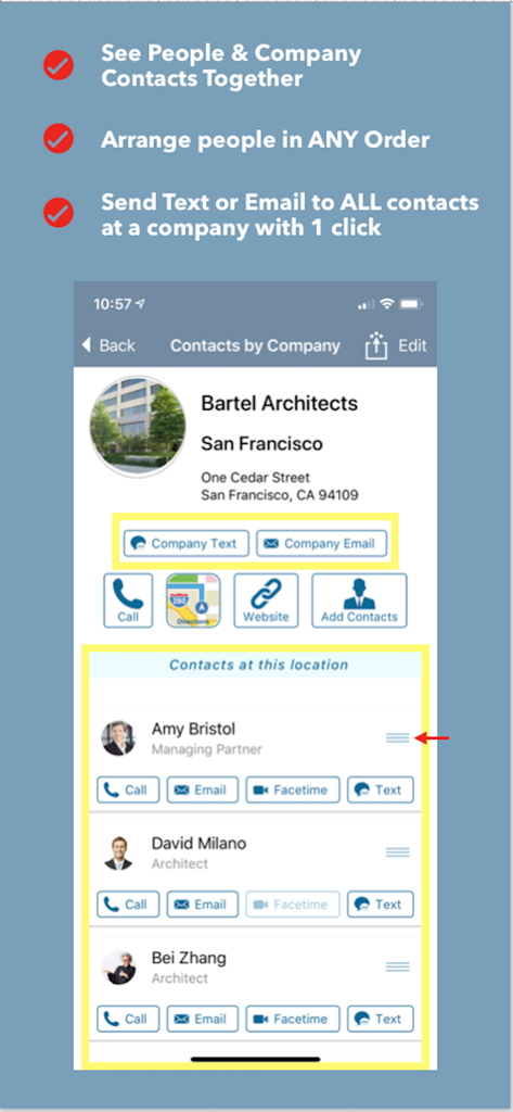 Captura de tela do aplicativo móvel mostrando a organização de contatos por empresa com recursos de mensagens em grupo com um clique