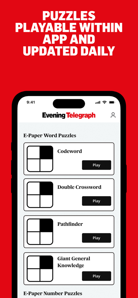 Evening Telegraph Dundee app screen featuring daily word puzzles including crosswords and codewords.