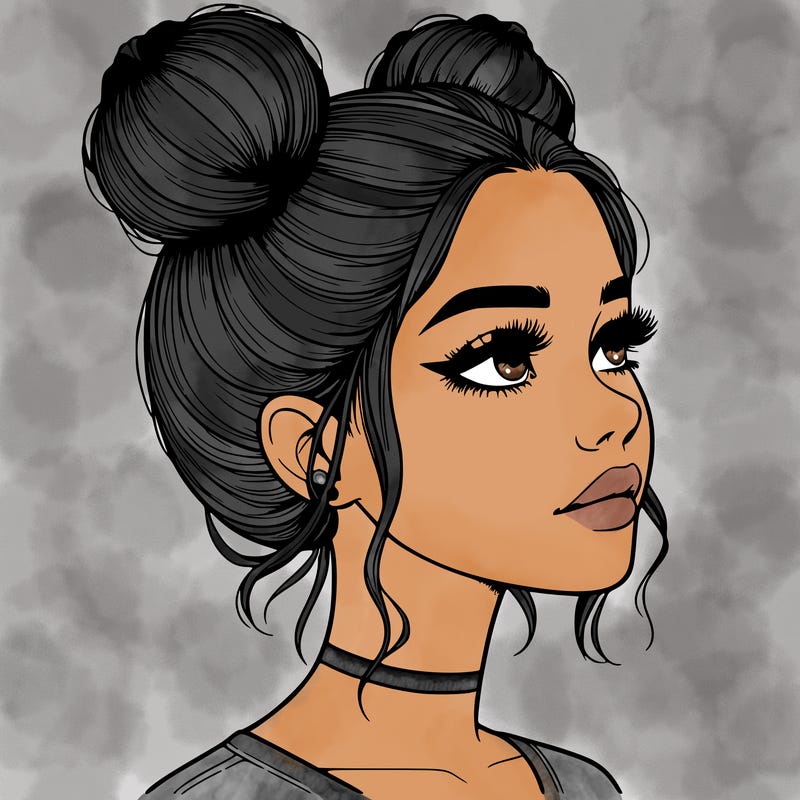 realistic girl with buns on the top of her head