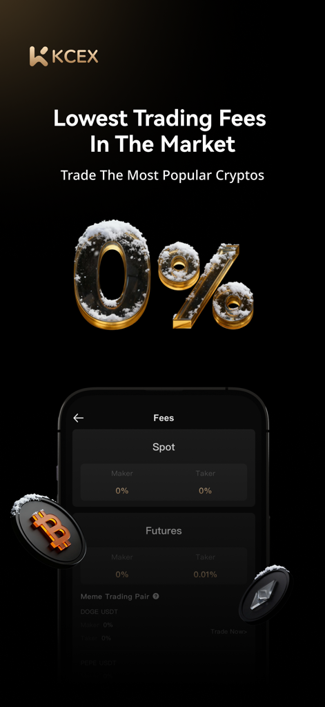 KCEX: The Lowest Crypto Fees - KCEX crypto app interface highlighting zero percent spot trading fees and competitive rates.