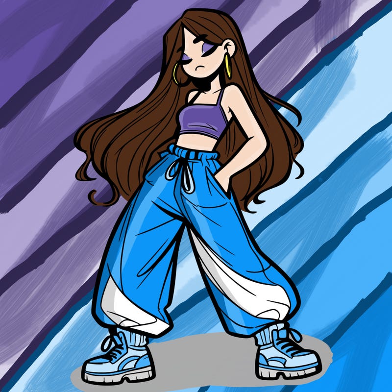 girl in baggy pants crop top and long hair