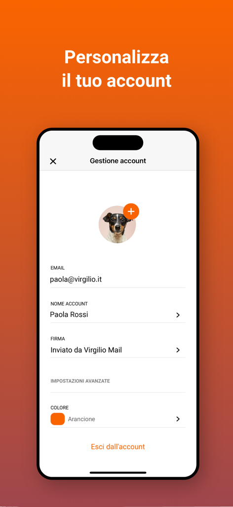 Virgilio Mail - Email App - Schermata di gestione account di Virgilio Mail che mostra opzioni di personalizzazione del profilo