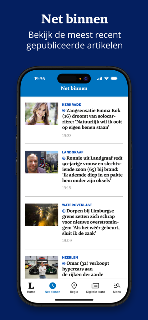 De Limburger news app interface showing the latest news articles from the Limburg region.