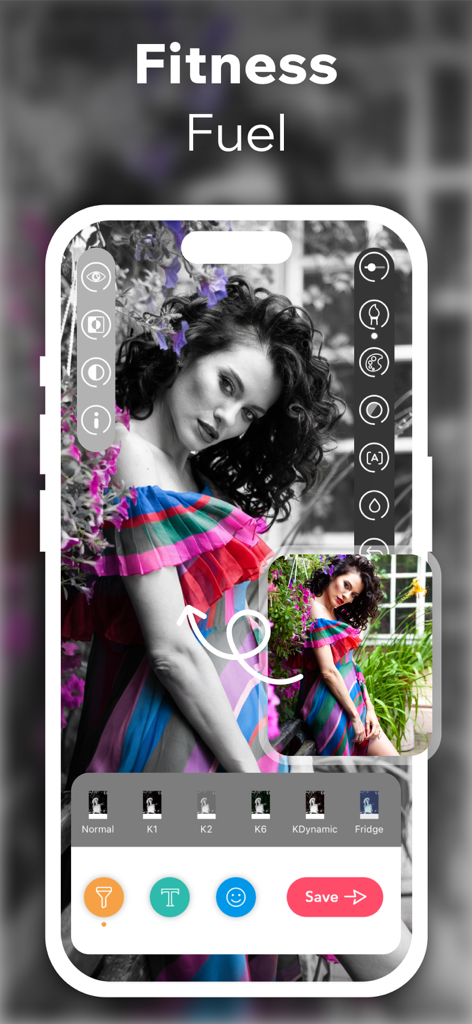 Color Pop - Interface of Color Pop app showing a color splash effect on a photo of a woman in a colorful dress